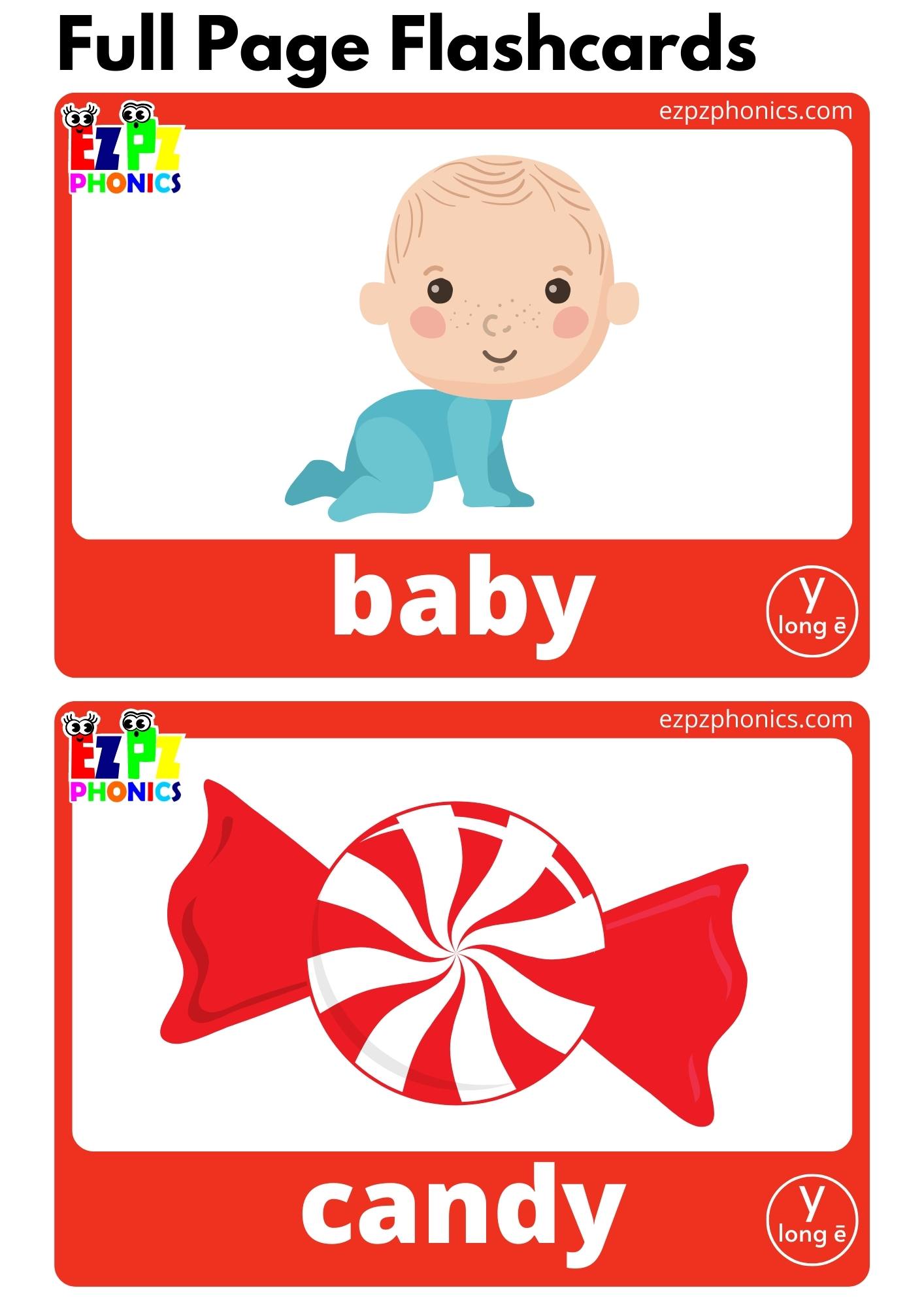 y Words Long E Vowel Sounds Flashcards with Images and Words Free Printable PDF Download and View Online for Teaching Phonics to Kindergarten and ESL Students